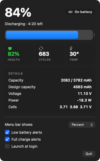 BatteryInfo panel in dark mode running on battery at 84%.