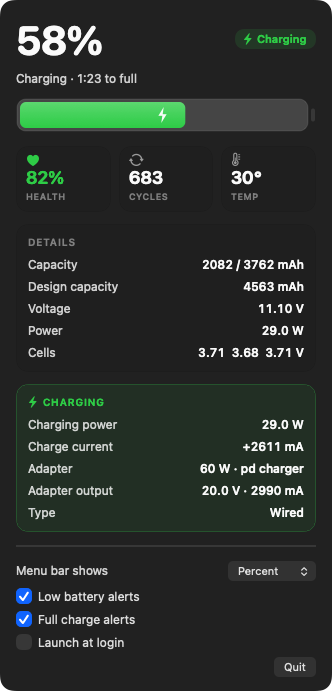 The BatteryInfo panel while charging: 58%, a green battery gauge, health, cycles, temperature, and a charging section.