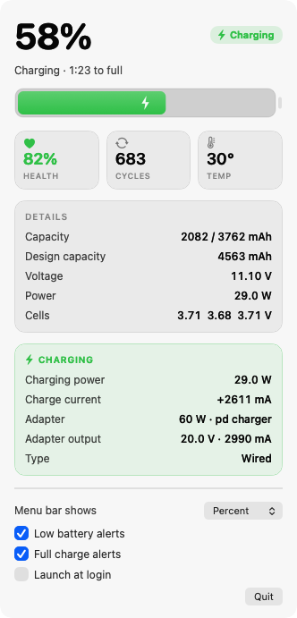 BatteryInfo panel in light mode while charging.